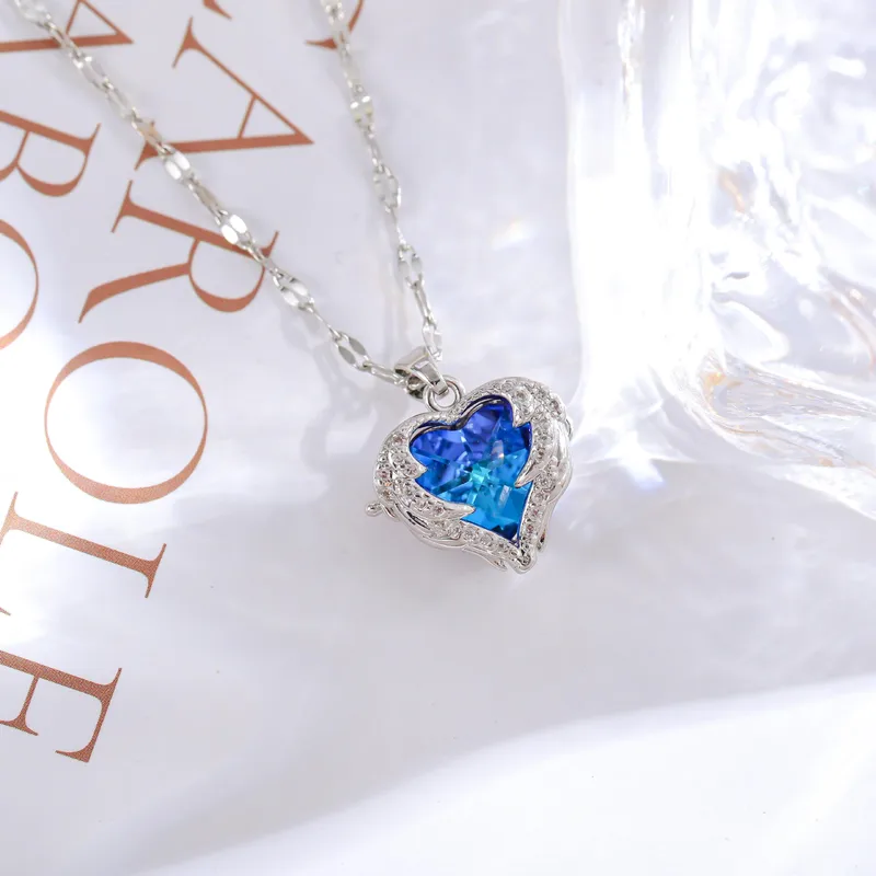 Silver Plated Blue Crystal Heart Pendant Necklace Hypoallergenic Stainless Steel