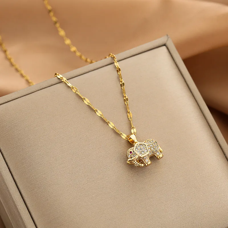 CZ Elephant Pendant Necklace 18k Gold Plated Stainless Steel