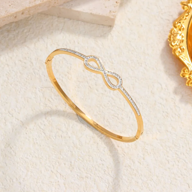 18k Gold Plated Infinity Bangle with CZ Stones Stainless Steel