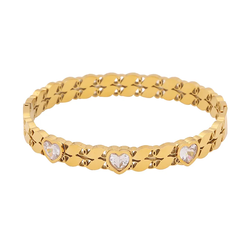 18K Gold Plated Statement Heart Bangle with CZ Stones Stainless Steel