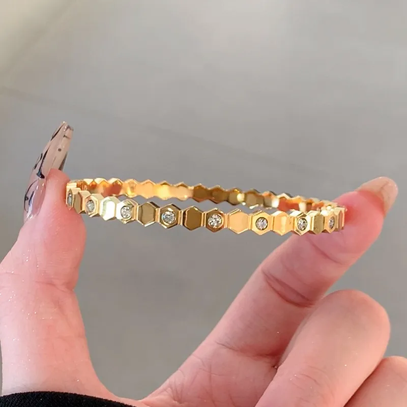18K Gold Plated Hexagon Bangle with CZ Stones Stainless Steel