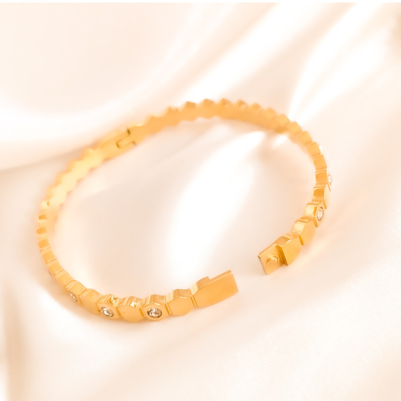 18K Gold Plated Hexagon Bangle with CZ Stones Stainless Steel