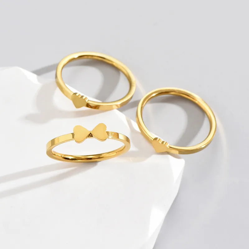 18K Gold Plated Four Leaf Clover Heart Shape Stacking Rings Set of 3 Stainless Steel