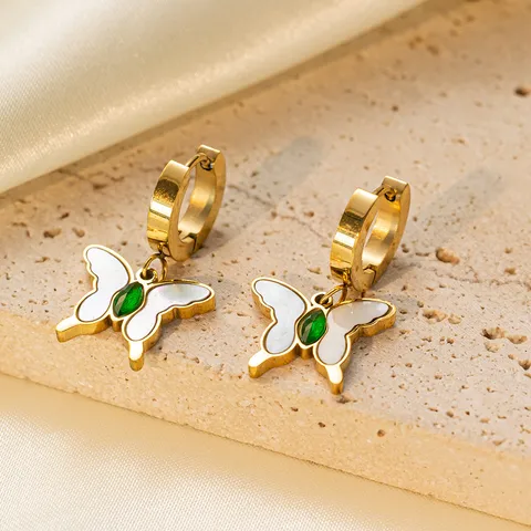Butterfly Huggie Hoop Earrings Mother of Pearl and Green Crystal Stone Stainless Steel