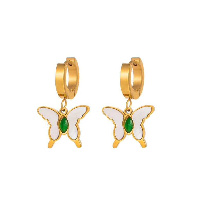 Butterfly Huggie Hoop Earrings Mother of Pearl and Green Crystal Stone Stainless Steel