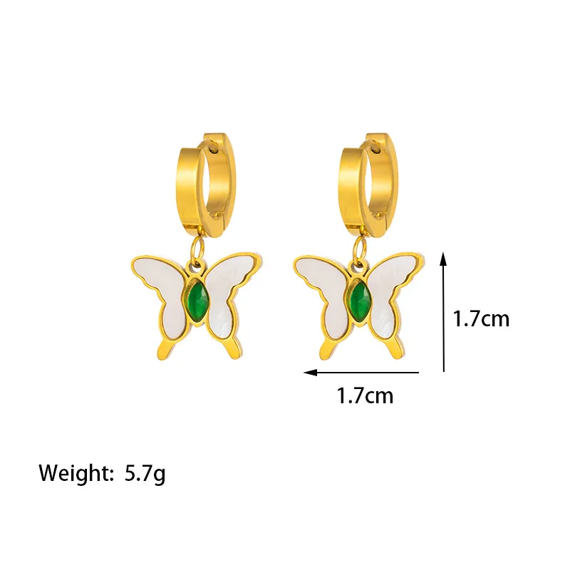 Butterfly Huggie Hoop Earrings Mother of Pearl and Green Crystal Stone Stainless Steel