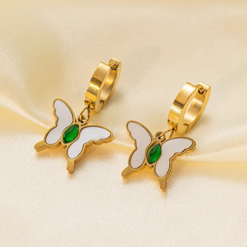 Butterfly Huggie Hoop Earrings Mother of Pearl and Green Crystal Stone Stainless Steel