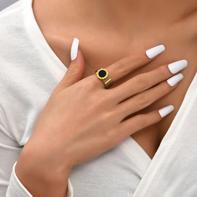 Black Gold Roman Numeral Mesh Ring 18K Gold Plated Stainless Steel