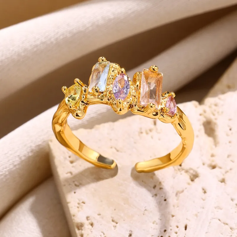 Colourful Zircon Adjustable Open Ring 18k Gold Plated Stainless Steel Tarnish Free