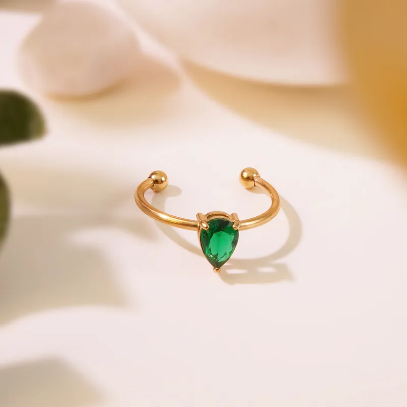 Emerald Green Teardrop Zircon Open Adjustable Ring 18K Gold Plated Stainless Steel Waterproof