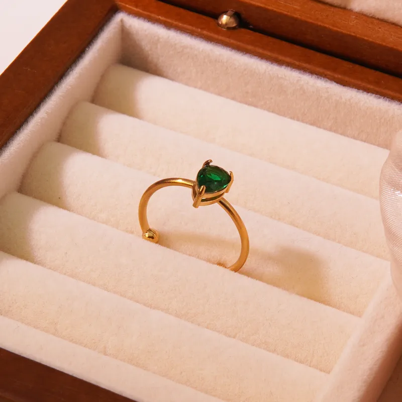 Emerald Green Teardrop Zircon Open Adjustable Ring 18K Gold Plated Stainless Steel Waterproof
