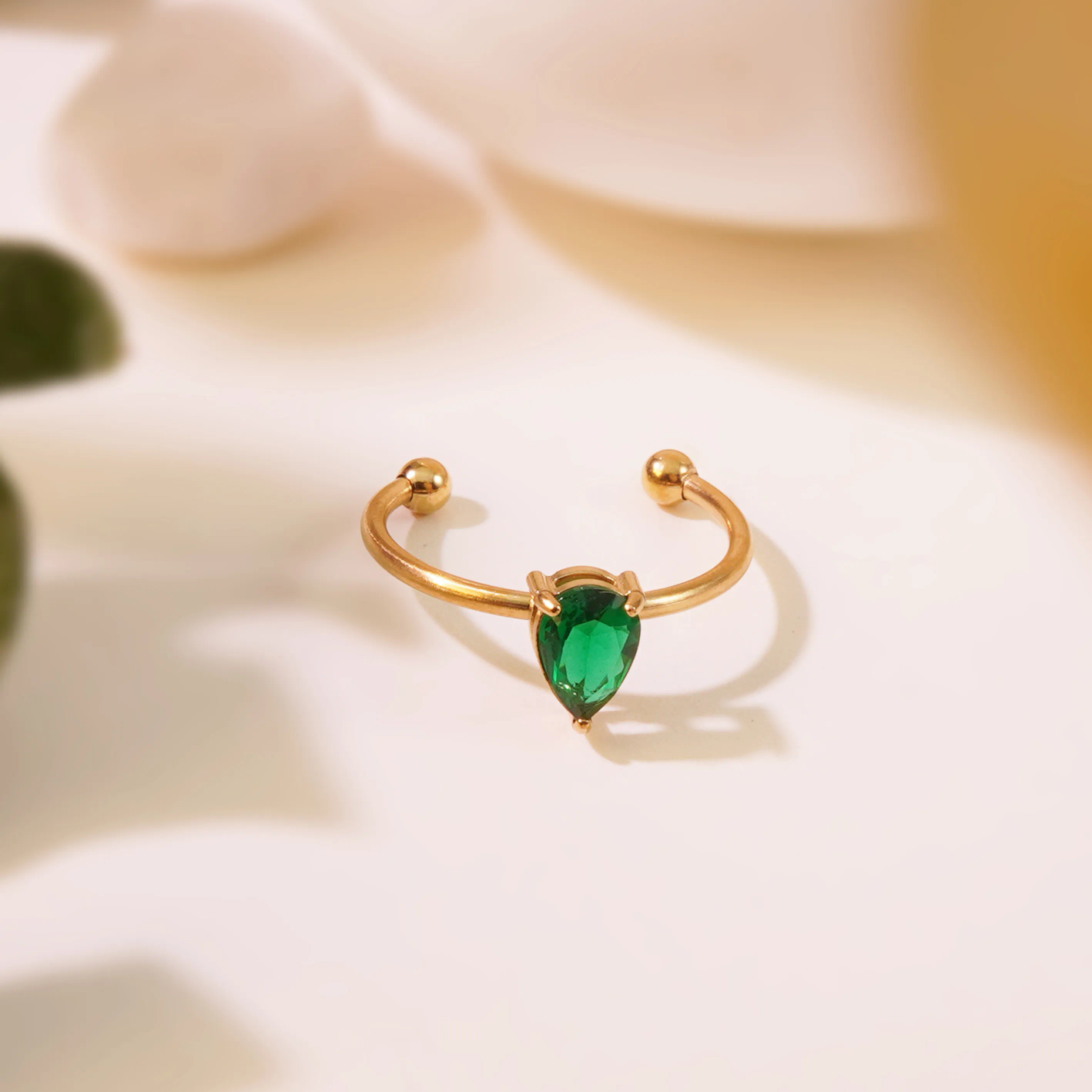 Emerald Green Teardrop Zircon Open Adjustable Ring 18K Gold Plated Stainless Steel Waterproof