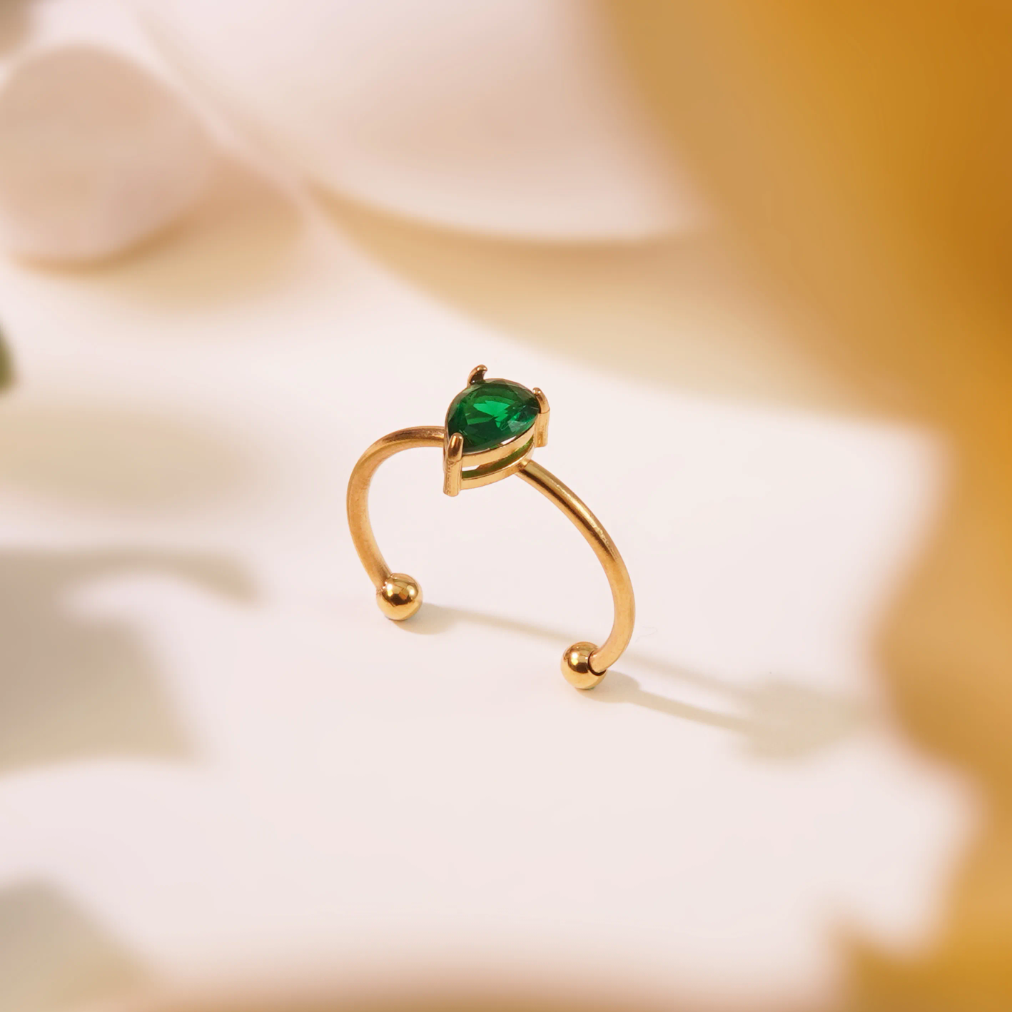 Emerald Green Teardrop Zircon Open Adjustable Ring 18K Gold Plated Stainless Steel Waterproof