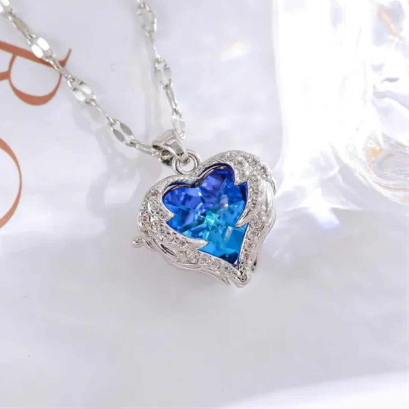 Silver Plated Blue Crystal Heart Pendant Necklace Hypoallergenic Stainless Steel