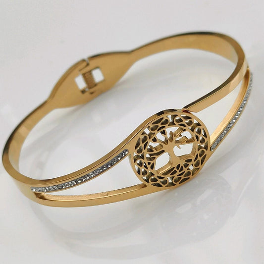 18k Gold Plated Tree Bangle with CZ Stones Stainless Steel