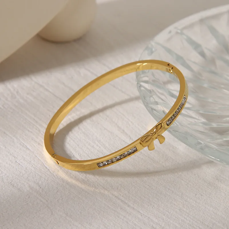 18K Gold Plated Cute Bow Bangle with CZ Stones Stainless Steel