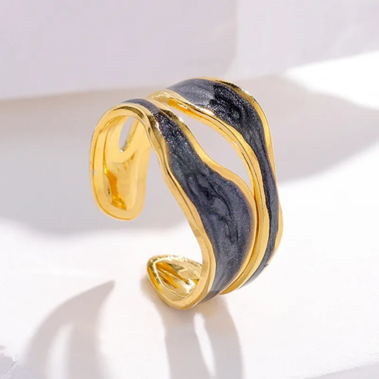 Adjustable Black Gold Abstract Layered Open Ring  18K Gold Plated Stainless Steel