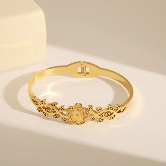 18K Gold Plated Floral Leaf Bangle Stainless Steel