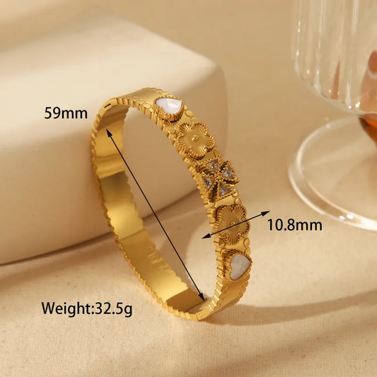 18K Gold Plated Statement Heart Flower Wide Bangle Stainless Steel