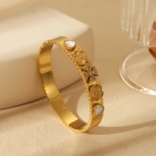 18K Gold Plated Statement Heart Flower Wide Bangle Stainless Steel