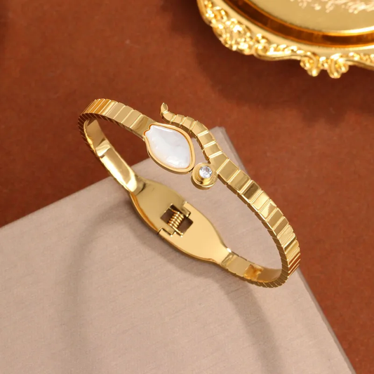 Boho Snake Mother Of Pearl Zircon Bangle 18K Gold Plated Stainless Steel