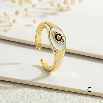 Evil Eye White Enamel 18K Gold Plated Open Ring with CZ Stone Stainless Steel