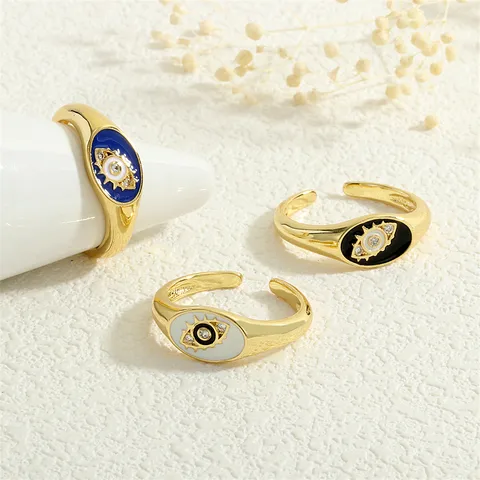 Evil Eye White Enamel 18K Gold Plated Open Ring with CZ Stone Stainless Steel