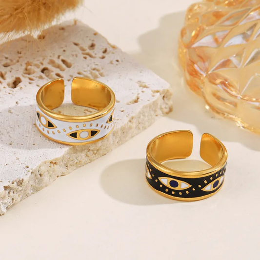 Black Enamel Evil Eye Open Band Ring with in 18k Gold Plating Stainless Steel