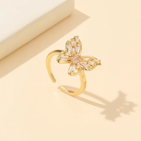 18k Gold Plated CZ Sparkling Butterfly Adjustable Ring Stainless Steel