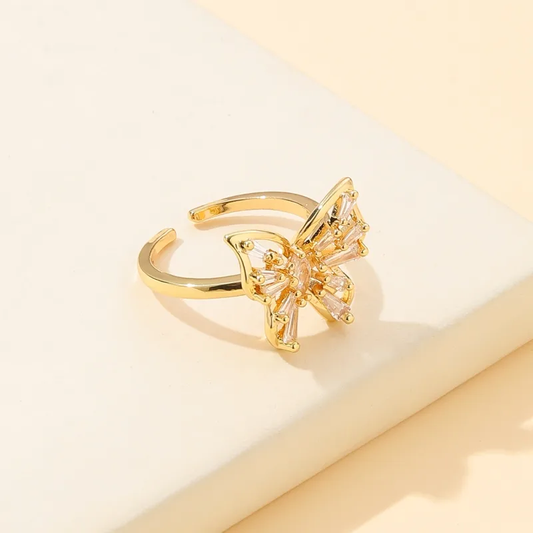 18k Gold Plated CZ Sparkling Butterfly Adjustable Ring Stainless Steel