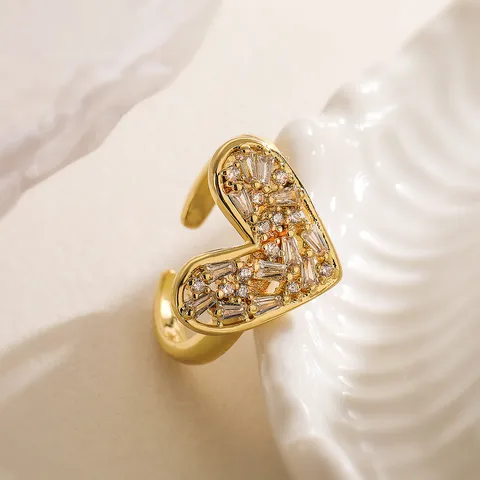 18k Gold Plated CZ Sparkling Heart Adjustable Ring Stainless Steel