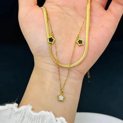 18k Gold Plated Star Charms Layered Pendant Necklace Stainless Steel