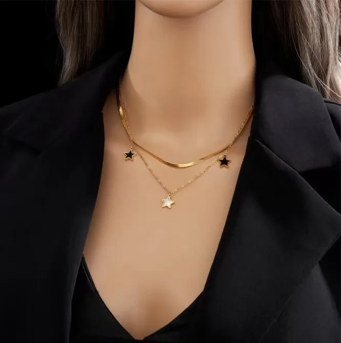 18k Gold Plated Star Charms Layered Pendant Necklace Stainless Steel