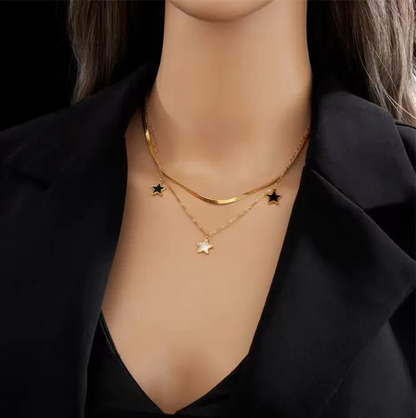18k Gold Plated Star Charms Layered Pendant Necklace Stainless Steel