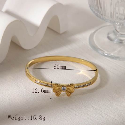 18K Gold Plated Gorgeous Bow Bangle with Zircon Stones Stainless Steel