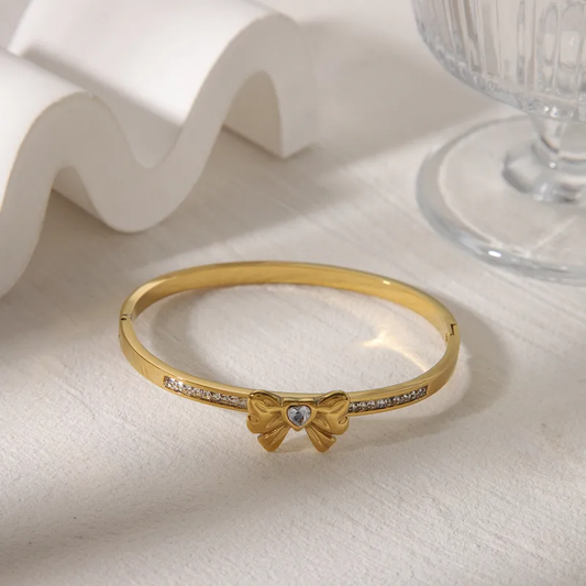 18K Gold Plated Gorgeous Bow Bangle with Zircon Stones Stainless Steel
