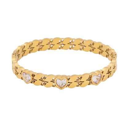 18K Gold Plated Statement Heart Bangle with CZ Stones Stainless Steel