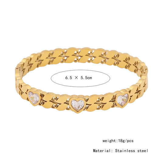 18K Gold Plated Statement Heart Bangle with CZ Stones Stainless Steel