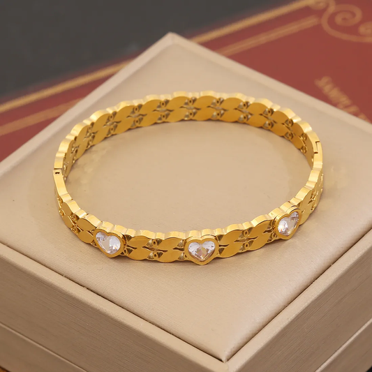 18K Gold Plated Statement Heart Bangle with CZ Stones Stainless Steel