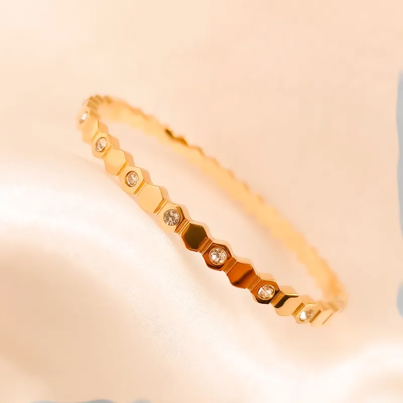 18K Gold Plated Hexagon Bangle with CZ Stones Stainless Steel