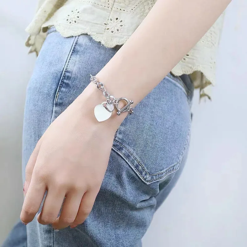 Silver Plated Heart T-Bar Zircon Bracelet Stainless Steel