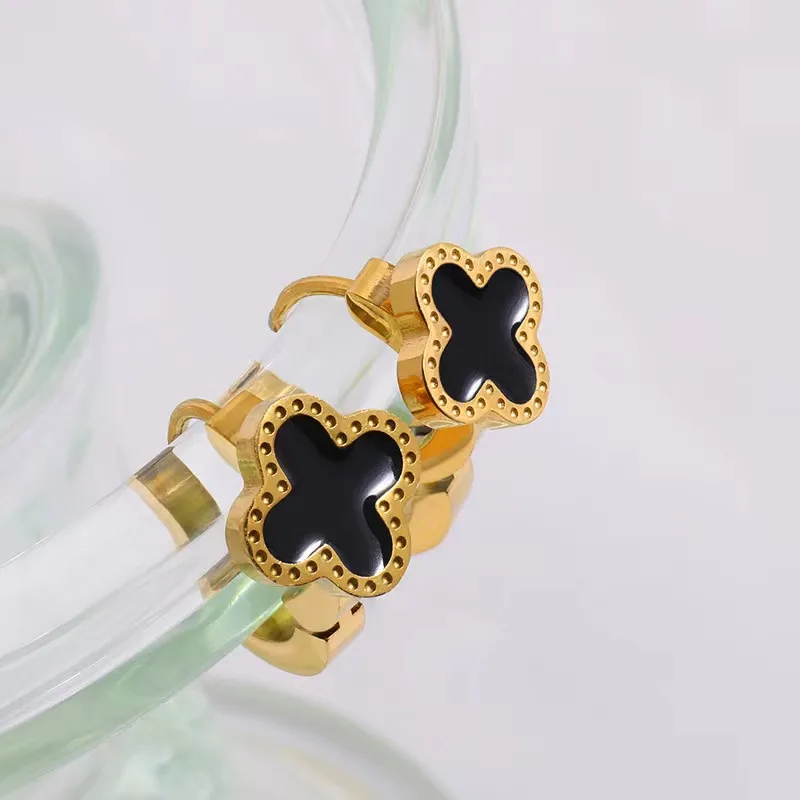 Gorgeous Black Four Leaf Clover Huggie Hoop Earrings Tarnish Free Stainless Steel