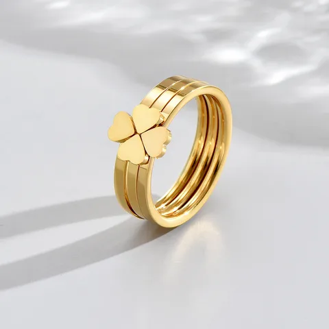 18K Gold Plated Four Leaf Clover Heart Shape Stacking Rings Set of 3 Stainless Steel