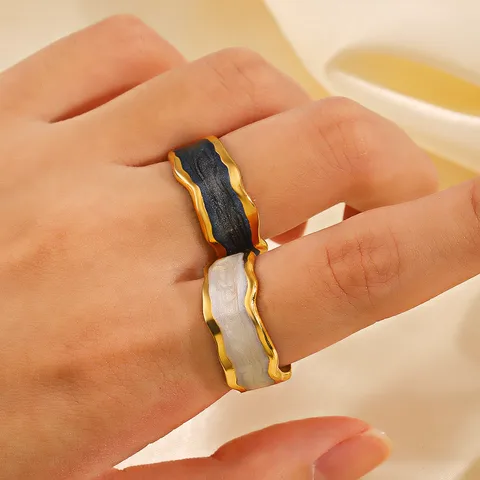 Black Enamel Open Adjustable Band Ring 18K Gold Plated Stainless Steel
