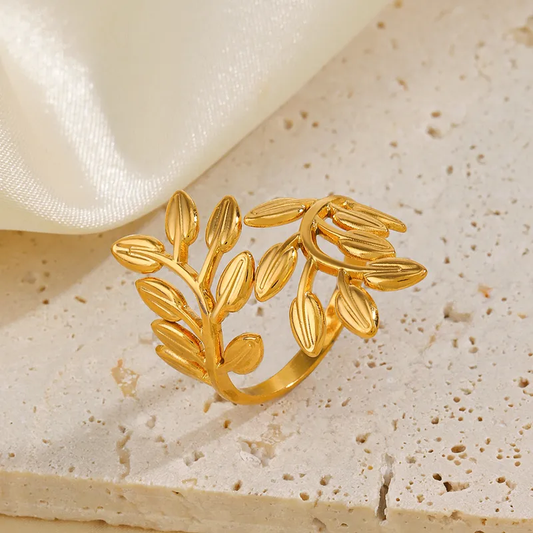 18K Gold Plated Open Leaves Ring Stainless Steel Tarnish Free