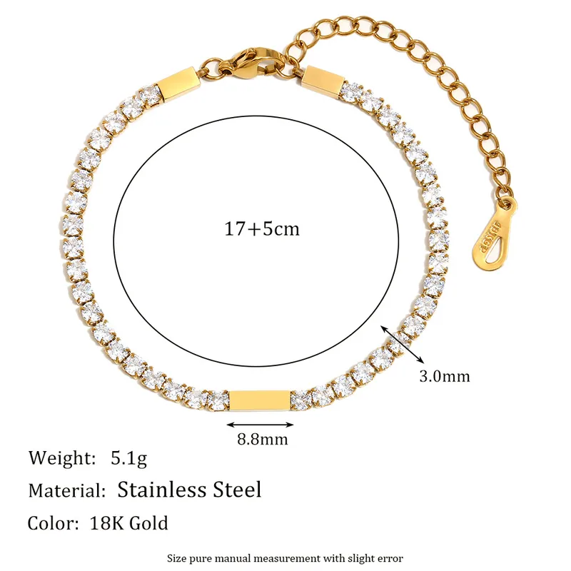 18K Gold Plated Tennis Zircon Bracelet Stainless Steel Waterproof