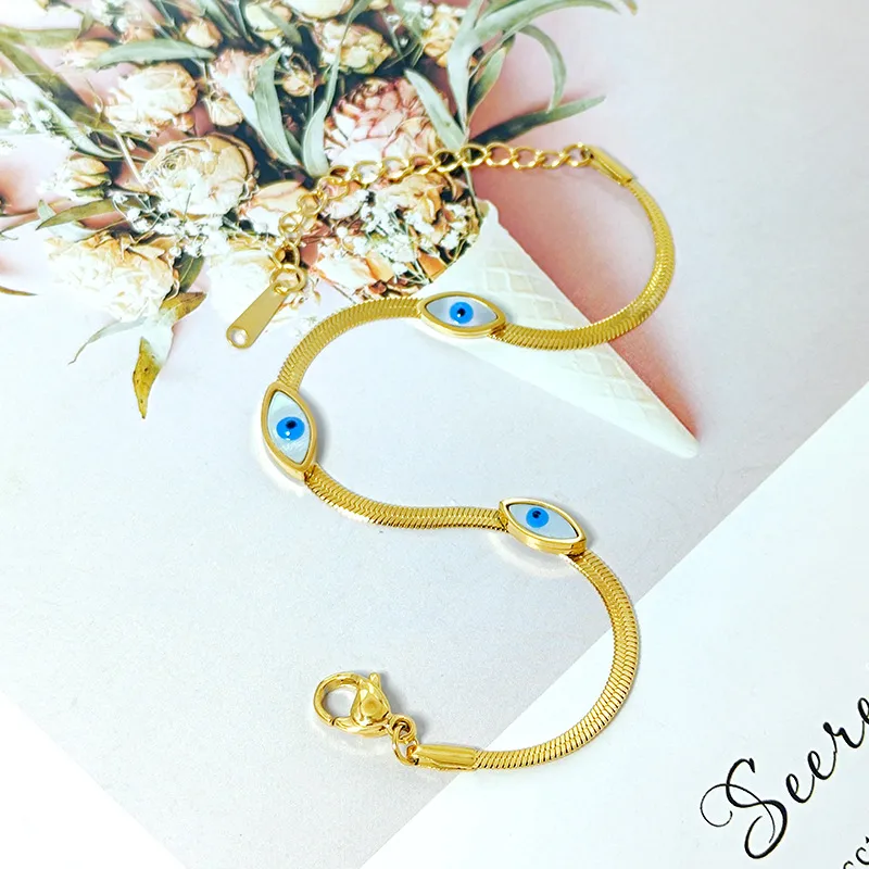 Flat Chain Evil Eye Mother of Pearl Gold Plated Bracelet Stainless Steel