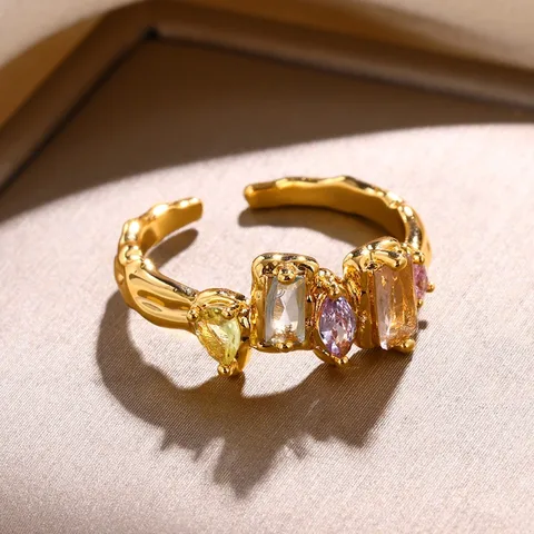 Colourful Zircon Adjustable Open Ring 18k Gold Plated Stainless Steel Tarnish Free