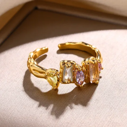 Colourful Zircon Adjustable Open Ring 18k Gold Plated Stainless Steel Tarnish Free