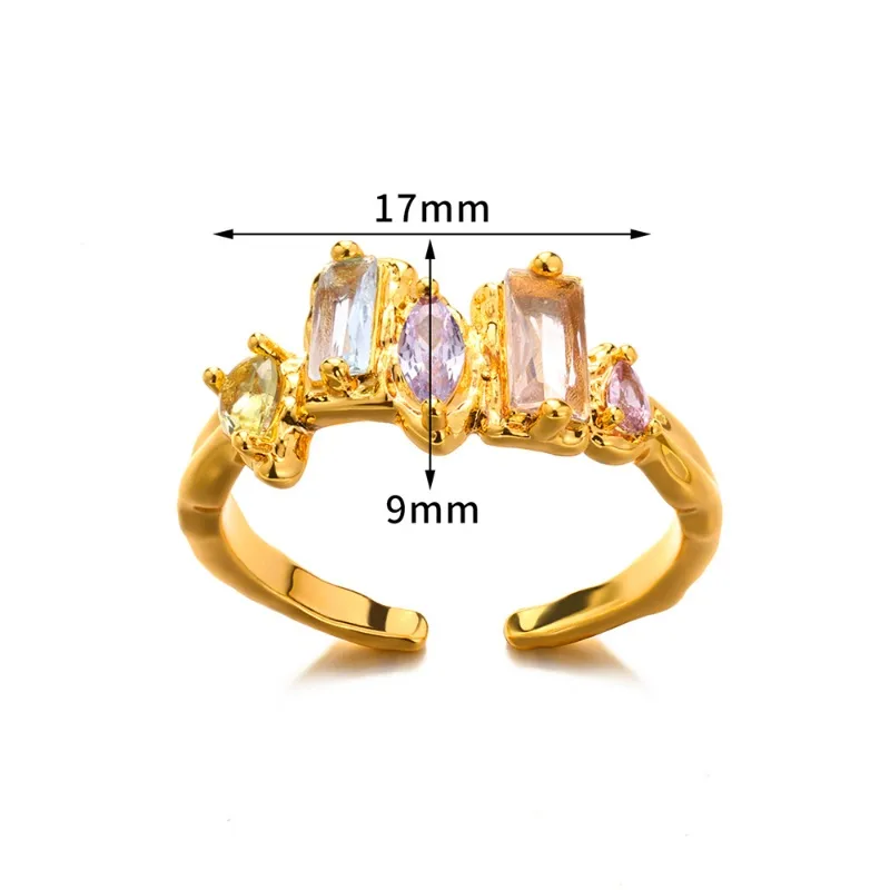 Colourful Zircon Adjustable Open Ring 18k Gold Plated Stainless Steel Tarnish Free
